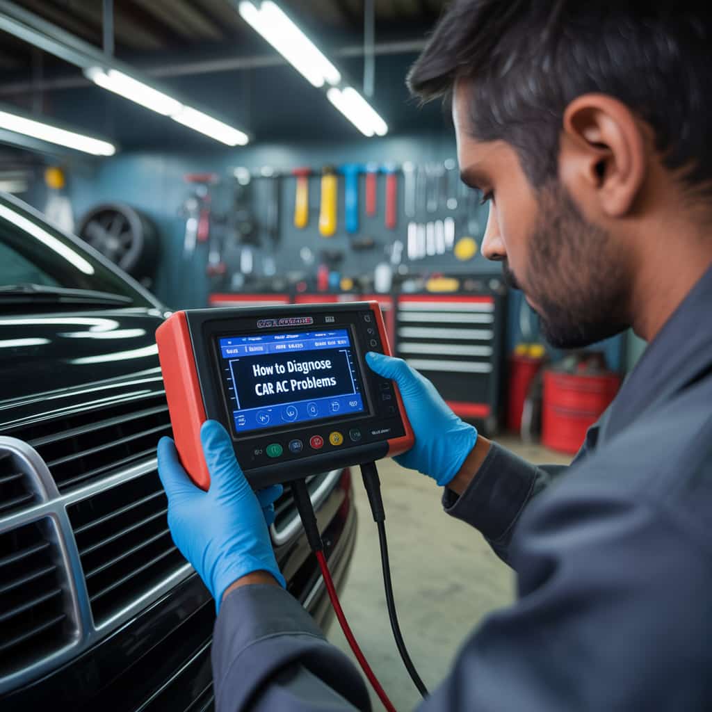 Technician diagnosing car AC system in Abu Dhabi garage – step-by-step inspection.